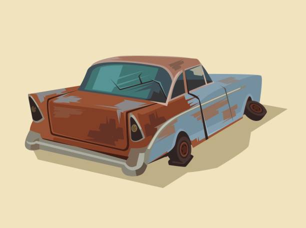ilustraciones, imágenes clip art, dibujos animados e iconos de stock de viejo coche rota oxidada - coches abandonados