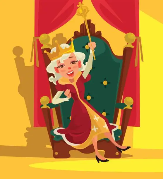 Vector illustration of Happy smiling drunk Queen sits on throne