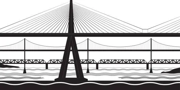 Vector illustration of Various bridges cross the river