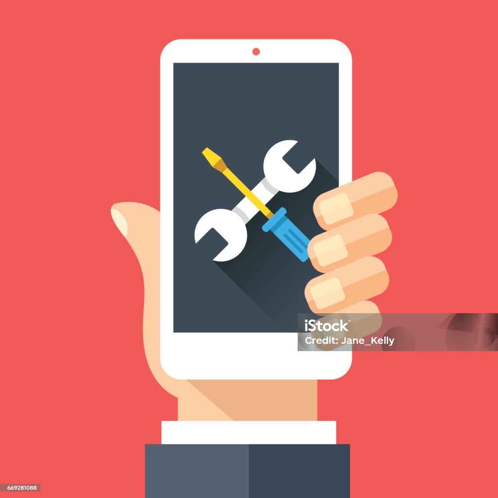 Wrench and screwdriver icon on smartphone screen. Hand holding smartphone. Fix, maintenance, mobile phone repair service concepts. Flat design vector illustration Wrench and screwdriver icon on smartphone screen. Hand holding smartphone. Fix, maintenance, mobile phone repair service concept for web banner, web site, infographics. Flat design vector illustration Repairing stock vector