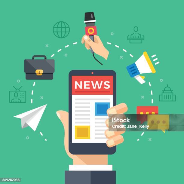 Reading News On Mobile Phone Hand Holding Smartphone With Newspaper News Website Modern Flat Design Graphic Elements Thin Line Icons Set Vector Illustration Stock Illustration - Download Image Now