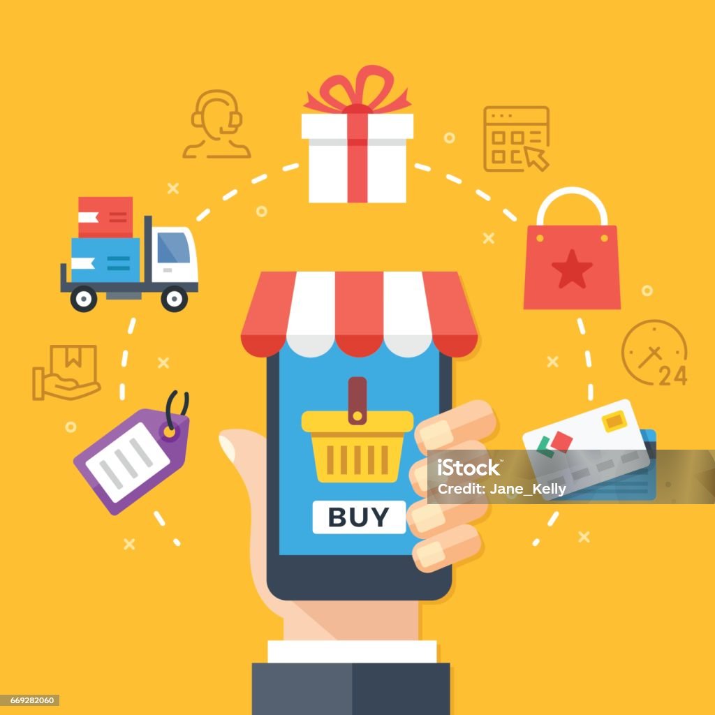 Mobile de shopping, des concepts de commerce mobile. Main tenant le smartphone avec la page de paiement. Éléments graphiques modernes de conception plate, fine ligne icônes définies. Illustration vectorielle - clipart vectoriel de Achats en ligne libre de droits