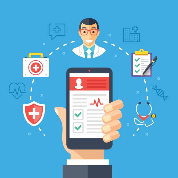 Mobile medicine, mhealth, online doctor. Hand holding smartphone with medical app. Modern flat design graphic concept, thin line icons set. Vector illustration Mobile medicine, mhealth, online doctor. Hand holding smartphone with medical app. Modern flat design graphic concept, thin line icons set for web banners, websites, infographics. Vector illustration medical insurance data stock illustrations