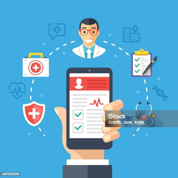 Mobile Medicine Mhealth Online Doctor Hand Holding Smartphone With Medical App Modern Flat Design Graphic Concept Thin Line Icons Set Vector Illustration Stock Illustration - Download Image Now