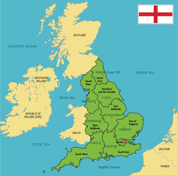 지역 및 그들의 수도와 잉글랜드의 매우 상세한 정치적인 지도 - uk map british flag england stock illustrations