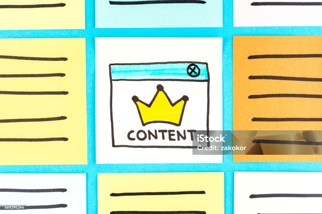 Content king illustration on paper note. Sponsored, promoted, paid post. Digital marketing and native advertising. Contented Emotion Stock Photo