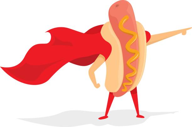 Hot dog super hero saving the day Cartoon illustration of hot dog super hero standing with cape sausage superhero stock illustrations