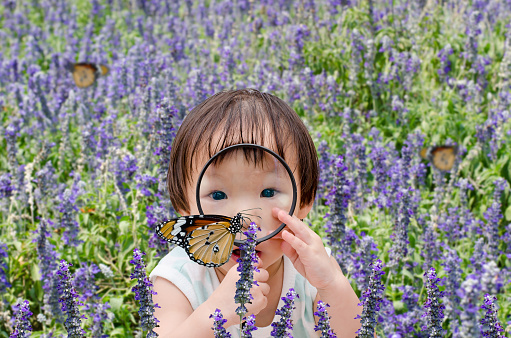 Little asian girl using magnifying glass looking insect in meadow