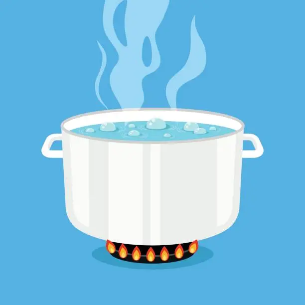 Vector illustration of Boiling water in pan. White cooking pot on stove with hot water and steam. Flat design graphic elements. Vector illustration