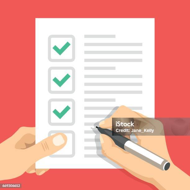 Hand Holding Checklist And Hand Holding Pen Sheet Of Paper With Check Marks Tick Icons Filling Form Todo List Exam Claim Survey Application Task List Concepts Flat Design Vector Illustration Stock Illustration - Download Image Now