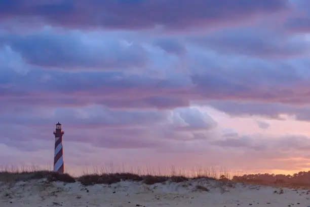 Sunset and spectacular colorful clouds on the gorgeous Cape hatteras Lighthouse on the Outer Banks