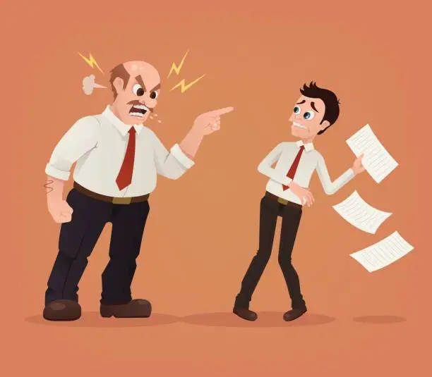 Vector illustration of Angry boss character yelling at employee office worker
