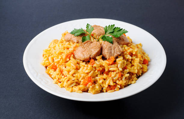 istock Pilaf in white plate isolated on gray background 669339274