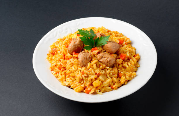 istock Pilaf in white plate isolated on gray background 669339382