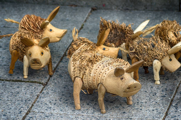 2019 year of the pig. The number of the year is made up of digits with unique design of oak acorns and leather pig on a white background.