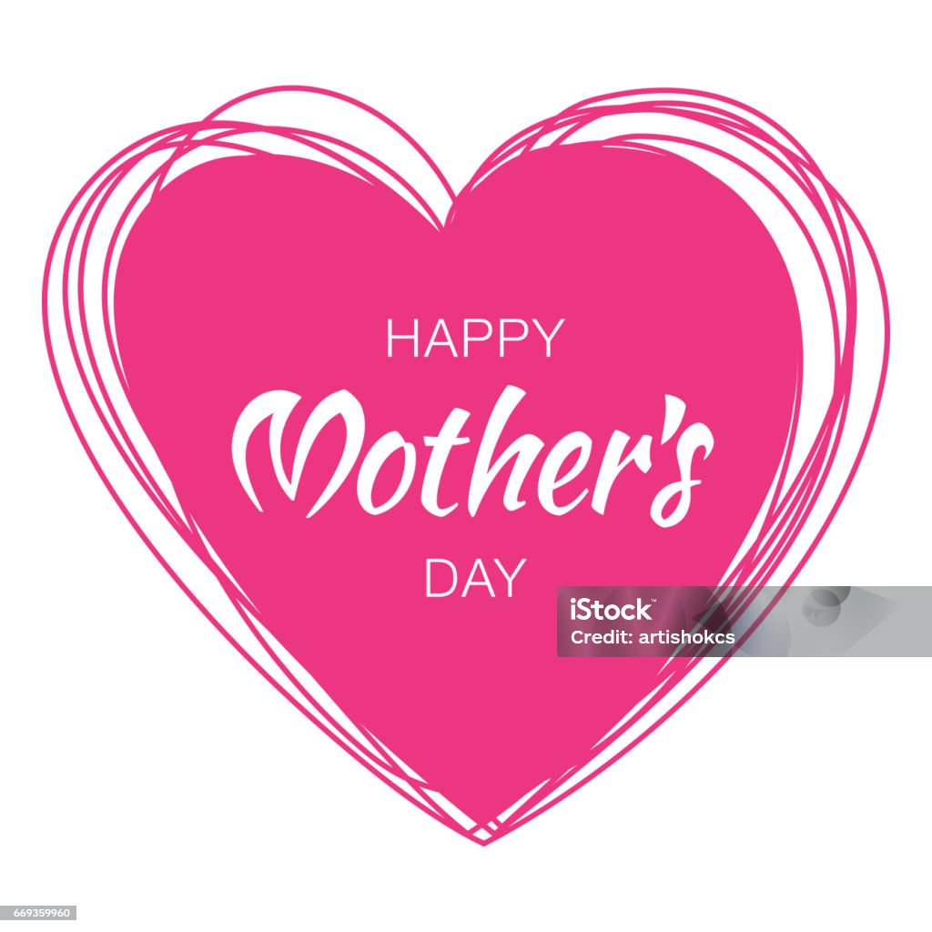 Happy Mothers Day hand drawn typographic lettering with purple pink scribble heart isolated on white background. Vector Illustration of a Mother's Day card. Mother's Day stock vector
