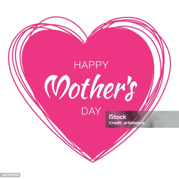 Happy Mothers Day Hand Drawn Typographic Lettering With Purple Pink Scribble Heart Isolated On White Background Vector Illustration Of A Mothers Day Card Stock Illustration - Download Image Now