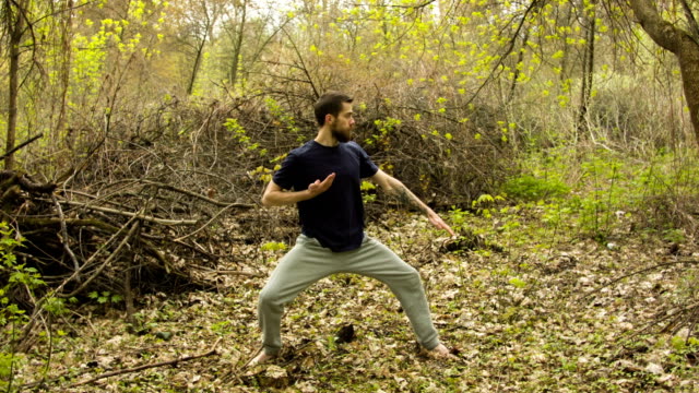 Young man practicing karate in the spring forest.