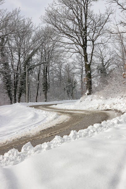 istock Dangerous double curve on the winter road 669360690
