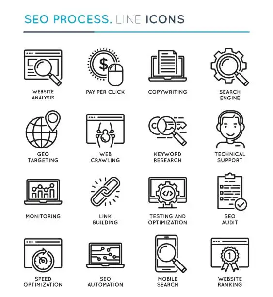 Vector illustration of SEO Search Engine Optimization process thin line icon set.