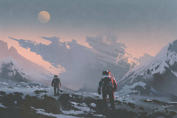 astronauts walking to derelict spaceship sci-fi concept of astronauts walking to derelict spaceship on alien planet, illustration painting alien planet stock illustrations