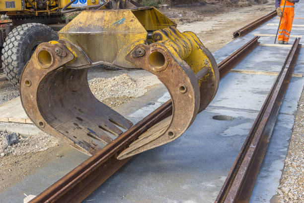 istock Alignment of tram rail track before welding 669394460