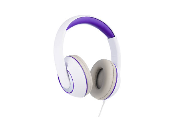 White and purple padded headphones 3/4 vew isolated on white stock photo