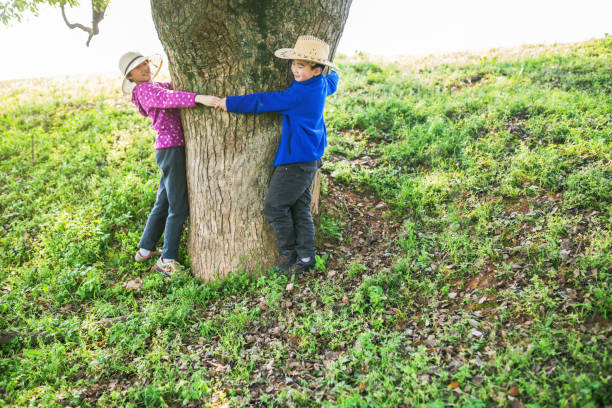 istock girl and boy embrace a big tree 669402984