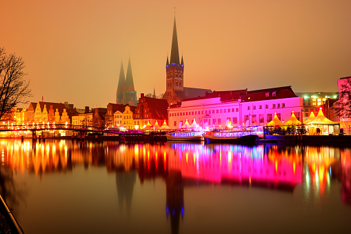 View of the pier architecture in Lubeck at night, Germany