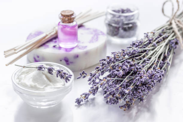 istock lavender flowers in organic cosmetic set on white background 669406586