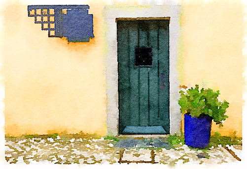 Digital watercolor painting of a green door in Portugal with a blue plant pot and a green plant. Yellow wall with sign and space for text.