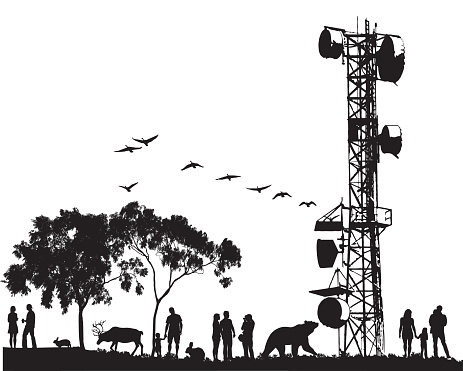 Silhouette illustration of a microwave tower next to nature and people