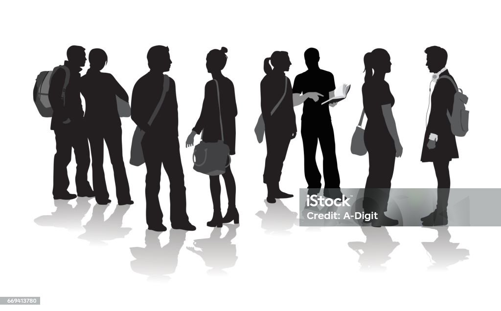 Student Chatting Silhouette vector illustration of young adult students standing in a group of other college attendees In Silhouette stock vector