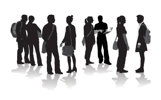 Student Chatting Silhouette vector illustration of young adult students standing in a group of other college attendees body talk stock illustrations