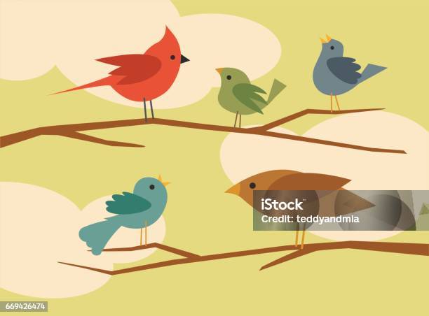 Set Of Simple Flat Style Cartoon Birds Stock Illustration - Download Image Now - Bird, Branch - Plant Part, Vector