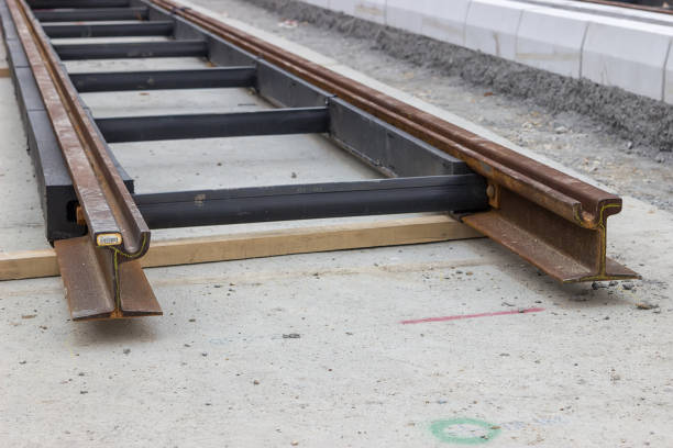 istock Cross section of the new profile tram rail 669427064