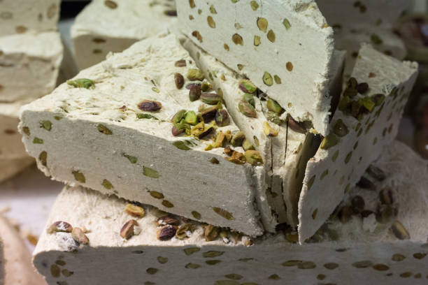 variation of white nougat in south german markethall in stuttgart with delicious assortment of nougat