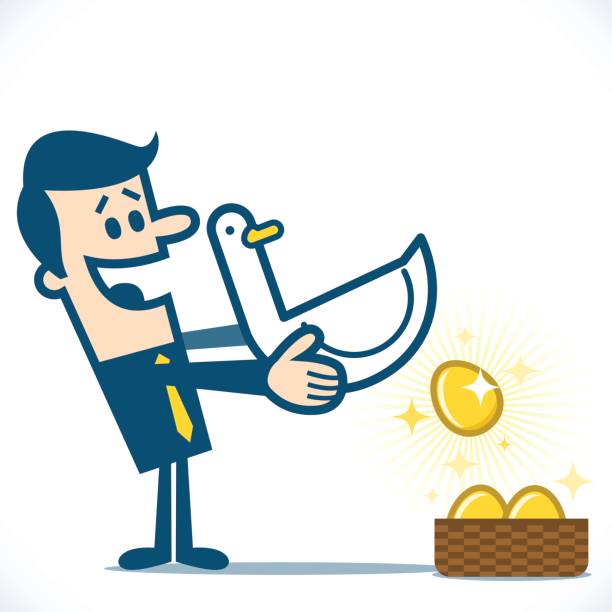 ilustrações de stock, clip art, desenhos animados e ícones de man carrying goose with golden egg into basket - wealth eggs animal egg easter egg