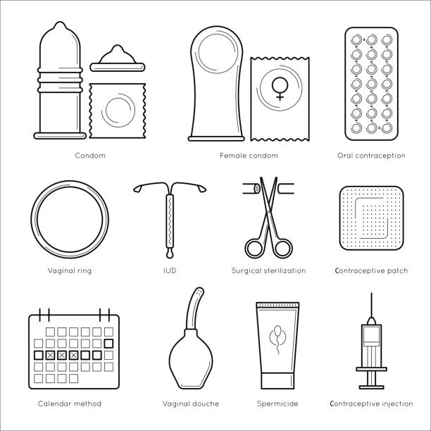 stockillustraties, clipart, cartoons en iconen met anticonceptie lineart ontwerp, medische concept - condoom