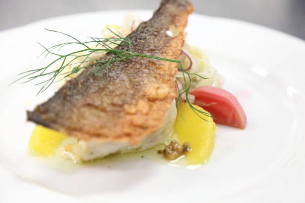 istock Branzino with crispy skin cracker, orange, beet, fennel salad. 669444094