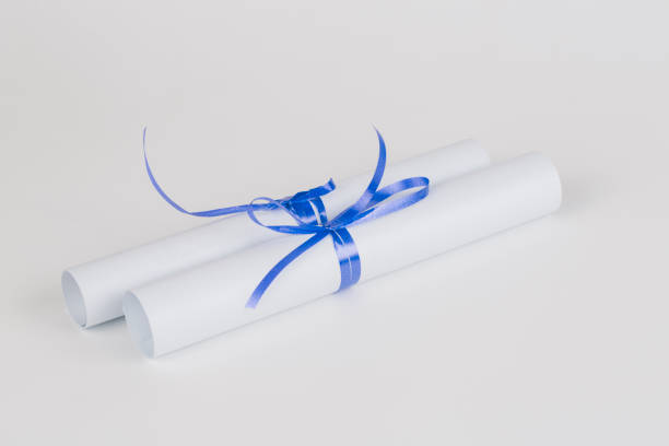 istock Rolled diploma or paper with blue ribbon 669444800