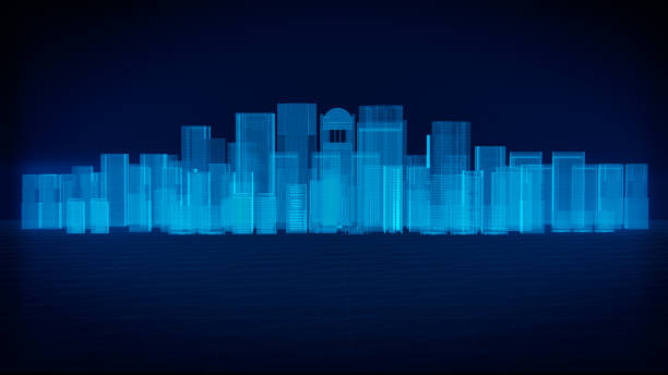 istock 3D render of city x-ray blue transparent on dark background. 669448336