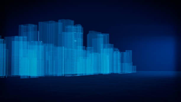 istock 3D render of city x-ray blue transparent on dark background. 669448356