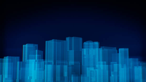 istock 3D render of city x-ray blue transparent on dark background. 669448426