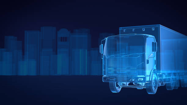 istock Truck x ray blue transparent with city background.3D rendering 669449126