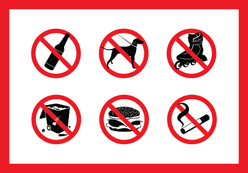 Round red signs Prohibition on walking of dogs, on drinking spirits, on bringing their own food, for roller-skating, for trash, for smoking