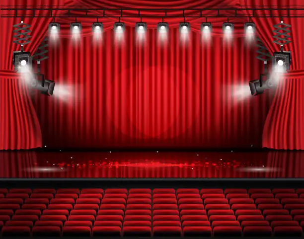 Vector illustration of Red Stage Curtain with Spotlights, Seats and Copy Space.