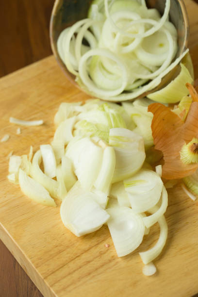 istock Sliced Fresh onion and Ripe onion on wooden background. Selective focus 669466972