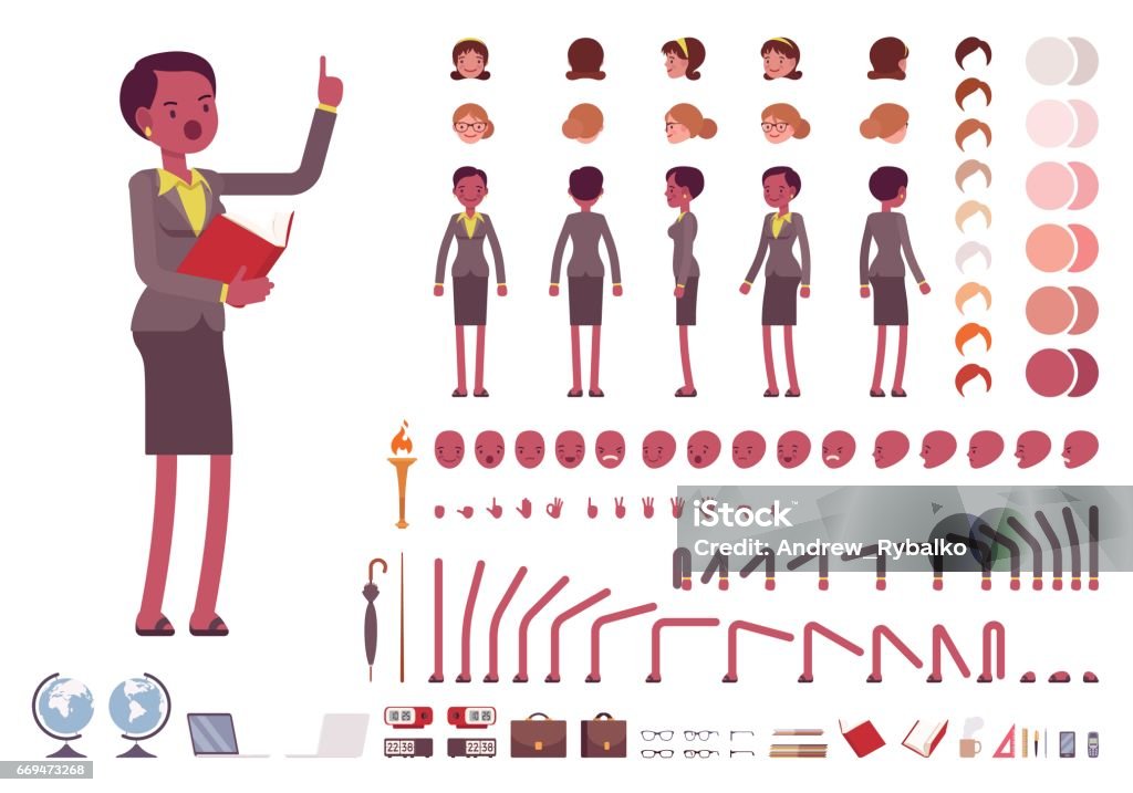 Female teacher character creation set Female teacher character creation set. Full length, different views, isolated against white background. Build your own design. Cartoon flat-style infographic illustration Characters stock vector