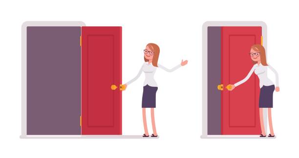 Young smiling female clerk opening red door and welcoming Young smiling female clerk in formal wear opening red door, welcoming new clients, showing opportunity, inviting to enter the office, and join the company, full length, isolated, white background file clerk stock illustrations